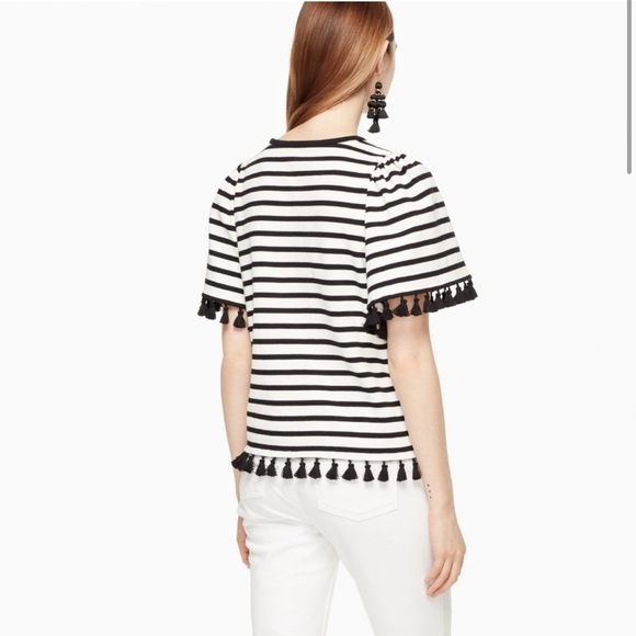 Kate Spade Black and Off White Stripe Flutter Sleeve Tassel Top - Picture 2 of 9